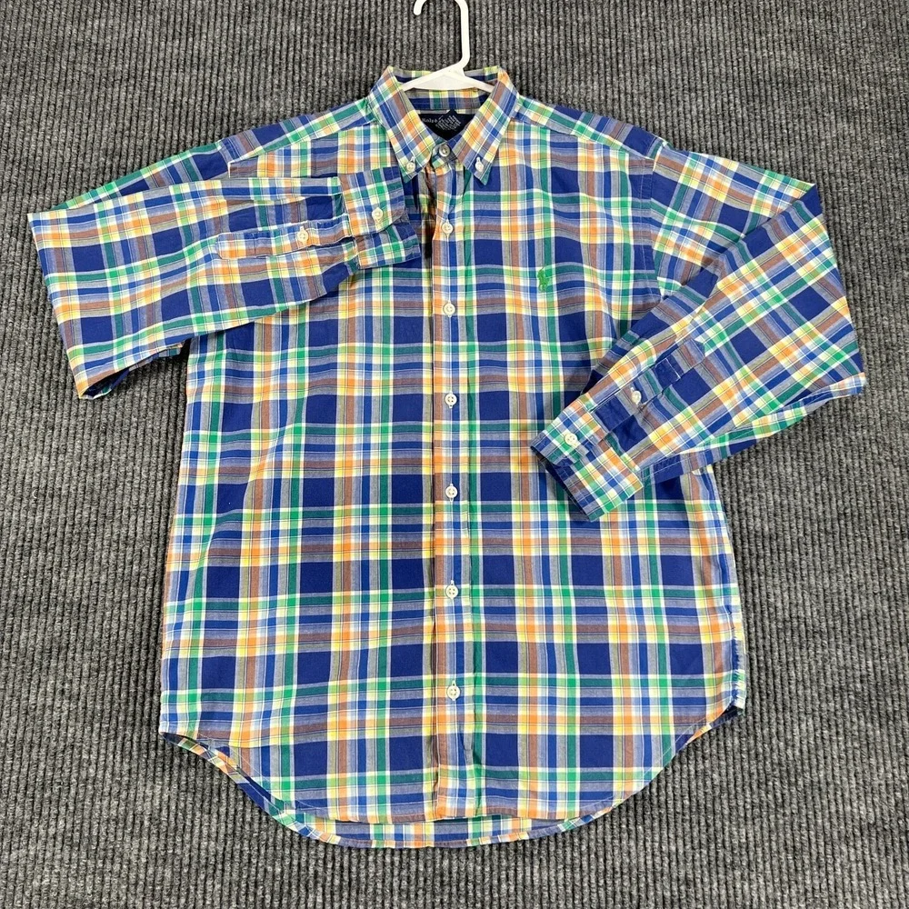 Ralph Lauren Shirt Youth Boys Large Blue Green Plaid Long Sleeve Button Down